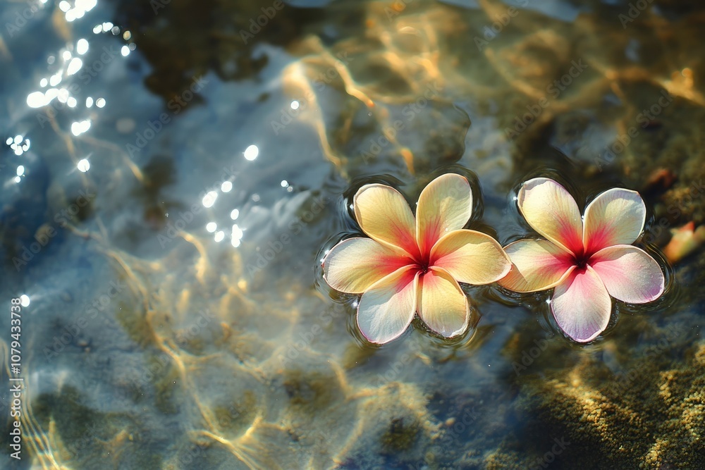 Two frangipani in the water background - generative ai Two frangipani in the water background - generative ai