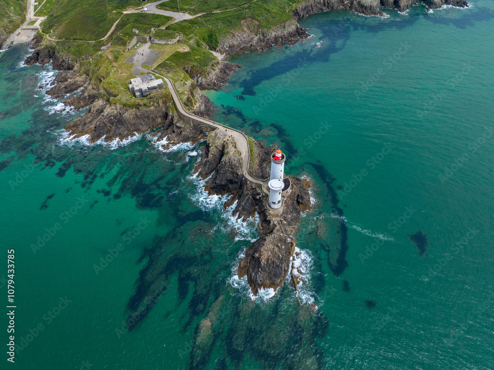 Aerial view of the Petit Minou Lighthouse is a lighthouse in the roadstead of Brest, standing in front of the Fort du Petit Minou, in the commune of Plouzané. Coastline. France