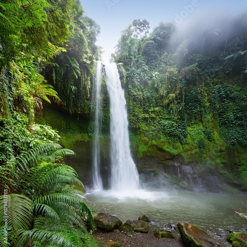 Towering Waterfall Crashing Into a Deep Basin Below, Surrounded by Lush Greenery and Mist Rising From the Water, Creating a Cool, Refreshing Scene in the Heart of the Rainforest