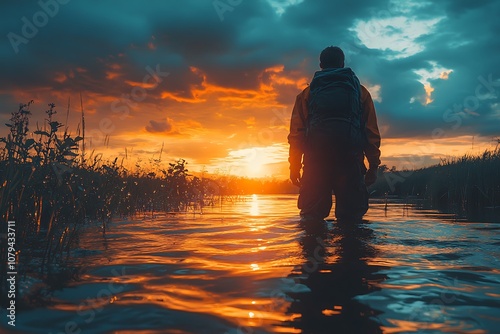 Silhouette of a man standing in water at sunset, contemplating nature