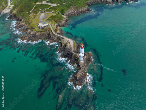 Obraz na płótnie Aerial view of the Petit Minou Lighthouse is a lighthouse in the roadstead of Brest, standing in front of the Fort du Petit Minou, in the commune of Plouzané. Coastline. France w salonie