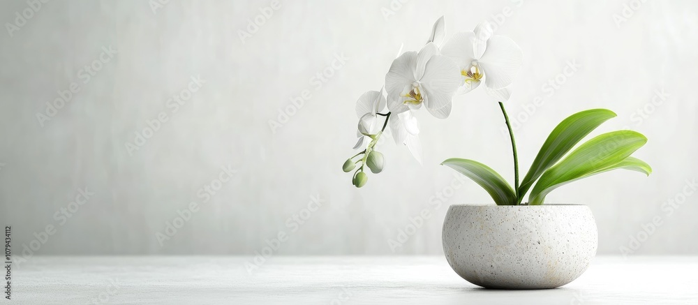 Orchid flower blooming in a decorative pot against a crisp white backdrop ideal for home decor and floral arrangements Orchid flower blooming in a decorative pot against a crisp white backdrop ideal for home decor and floral arrangements