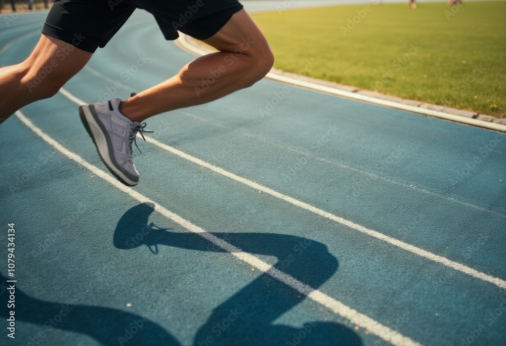 A close-up of a runner's legs in motion on a blue athletic track, showcasing strong muscles and dynamic movement. The image captures the essence of speed and athleticism, with the runner's shadow A close-up of a runner's legs in motion on a blue athletic track, showcasing strong muscles and dynamic movement. The image captures the essence of speed and athleticism, with the runner's shadow