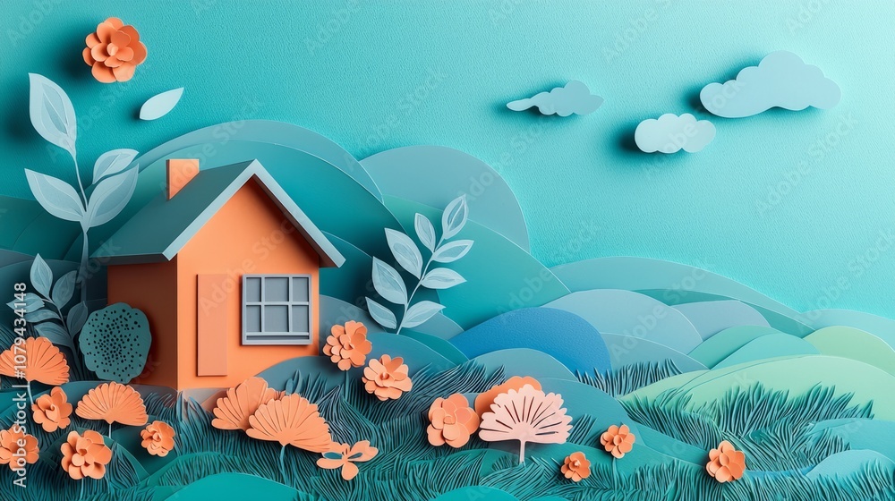 Naklejka premium Bright orange house surrounded by colorful paper flowers in a serene, stylized landscape during daylight