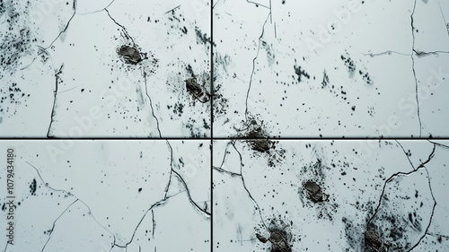 White Tile Floor with Muddy Footprints: A clean white tile floor bears the traces of dried mud footprints, highlighting the everyday messes and minor nuisances found in home life. photo