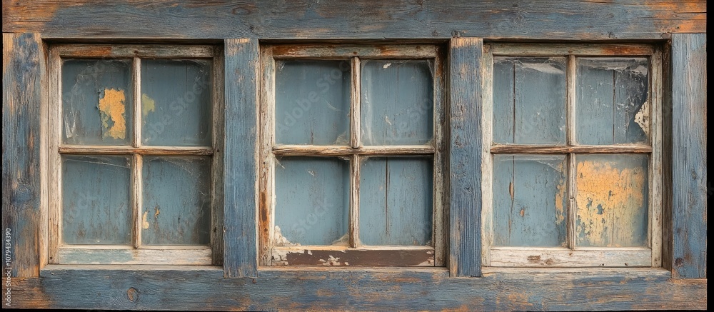 Rustic broken windows in a weathered wood frame showcasing intriguing architectural decay Rustic broken windows in a weathered wood frame showcasing intriguing architectural decay