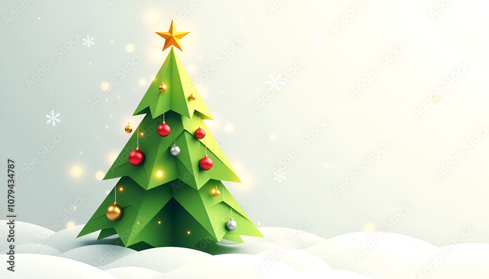 Stylized Christmas tree with ornaments and a star on a snowy background for festive holiday season Stylized Christmas tree with ornaments and a star on a snowy background for festive holiday season
