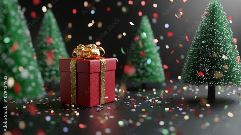 A red gift box with a gold bow sits under a decorated Christmas tree, evoking festive holiday cheer. A red gift box with a gold bow sits under a decorated Christmas tree, evoking festive holiday cheer.