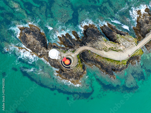 Aerial view of the Petit Minou Lighthouse is a lighthouse in the roadstead of Brest, standing in front of the Fort du Petit Minou, in the commune of Plouzané. Coastline. France