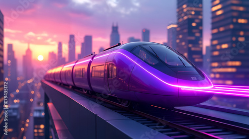 A Futuristic Purple Train Speeds Across an Innovative Urban Skyline at Twilight in Remarkable Photography