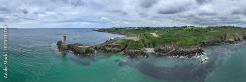 Aerial view of the Petit Minou Lighthouse is a lighthouse in the roadstead of Brest, standing in front of the Fort du Petit Minou, in the commune of Plouzané. Coastline. France
