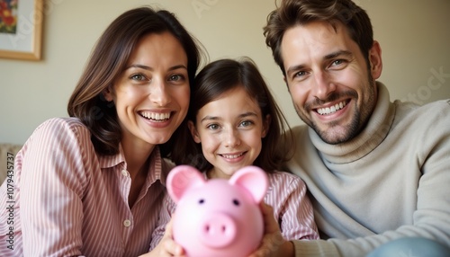 A joyful family of three smiles while holding a pink piggy bank, symbolizing savings and financial planning. This heartwarming scene emphasizes togetherness, financial security, and planning for the f