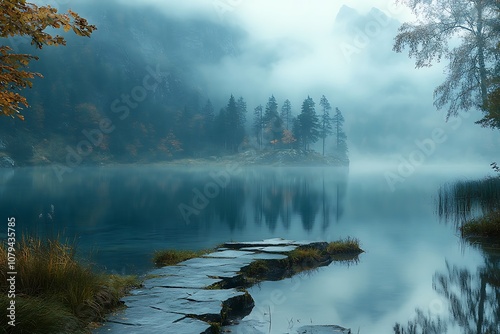 Tranquil lake scene with a wooden dock in the misty morning. Perfect for a peaceful background image.