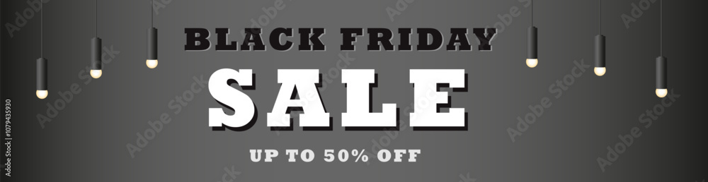 Black Friday sale banner with bold text and elegant hanging lights on a dark background. Up to 50% off. Modern design, minimalism. Perfect for website banners, promotions, online stores. Black Friday sale banner with bold text and elegant hanging lights on a dark background. Up to 50% off. Modern design, minimalism. Perfect for website banners, promotions, online stores.