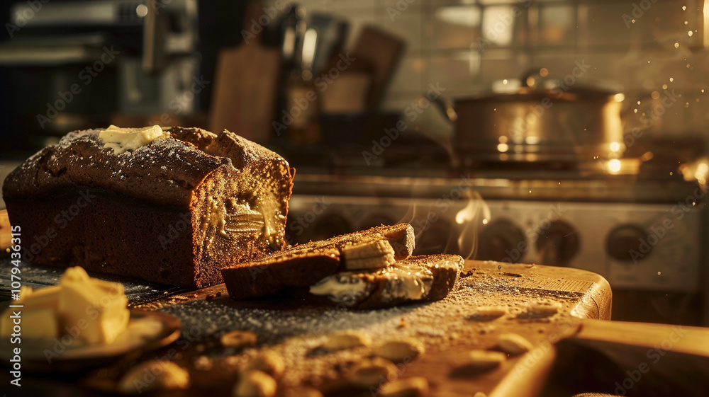Warm banana bread fresh out of the oven, sliced and served with a spread of butter Warm banana bread fresh out of the oven, sliced and served with a spread of butter