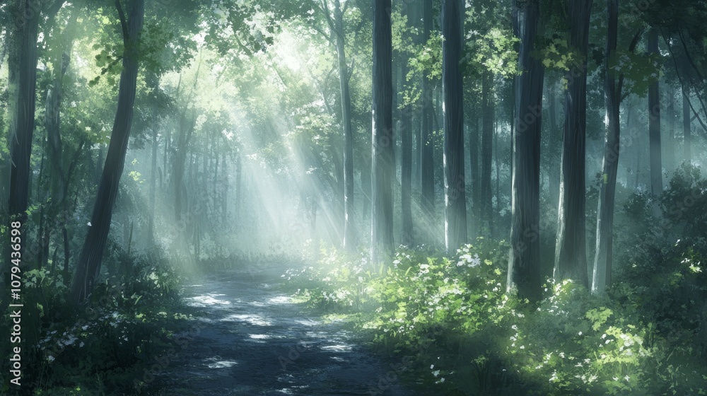 Fototapeta premium Sunbeams Filtering Through a Misty Forest Path, Digital Painting, Nature, Enchanting Forest, ,forest, mist