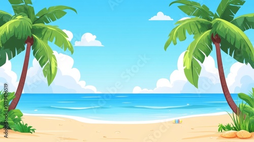 Two Palm Trees on a Tropical Beach with Blue Sky, Ocean, Sand, and Clouds, beach scene , tropical paradise