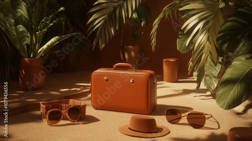 Tropical Summer Essentials Leather Suitcase, Sunglasses, and Hat on Sandy Beach, 3D Rendering, Summer Vacation , travel , beach