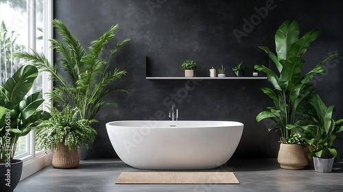 A modern bathroom featuring a freestanding tub, plants, and minimalist decor.