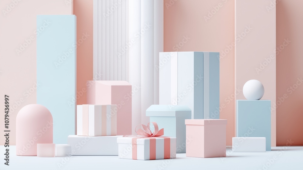 Pastel Minimalist Gift Boxes on Geometric Platforms, 3D Rendering, Gift Ideas, Abstract Design