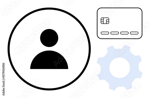 User profile icon within a circle next to a credit card and a gear symbol. Ideal for user management, account creation, online settings, personal information, profile setup, security features
