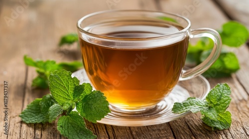 Fresh Mint Tea in Glass Cup on Rustic Wooden Table, mint tea, herbal tea