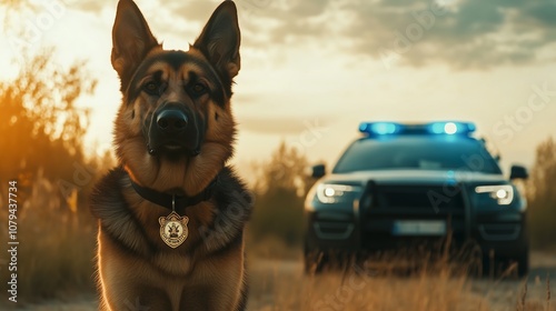 Majestic German Shepherd police dog stands proudly in sunset with patrol car in the background. photo