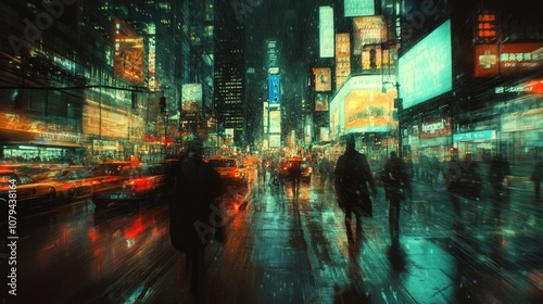 A blurred image of Times Square in New York City at night, with people walking in the rain.