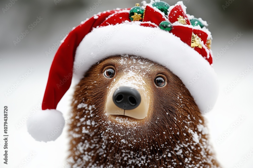 A brown bear wearing a Santa hat playfully stands in the snow, capturing a whimsical winter holiday scene. A brown bear wearing a Santa hat playfully stands in the snow, capturing a whimsical winter holiday scene.