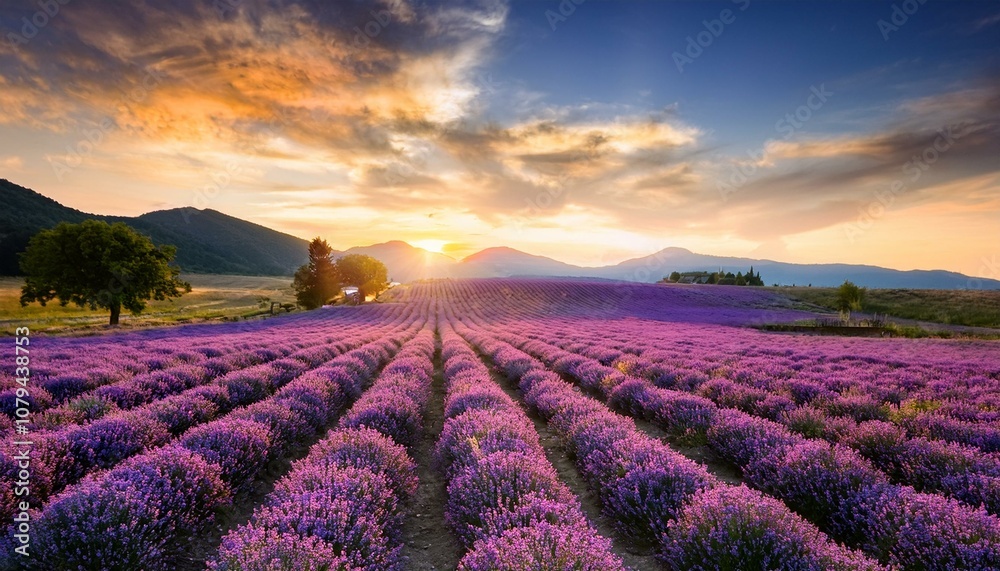 Stunning landscape with lavender field at sunset Stunning landscape with lavender field at sunset