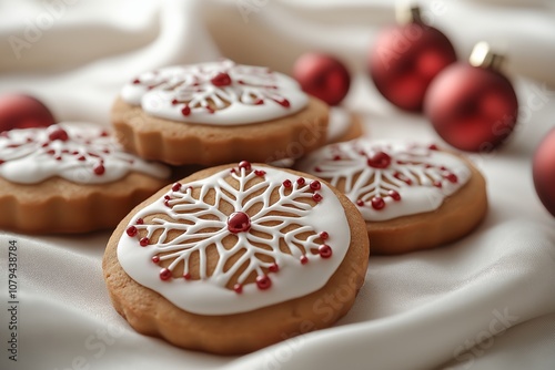 Festive holiday cookies decorated with snowflakes and red accents on display