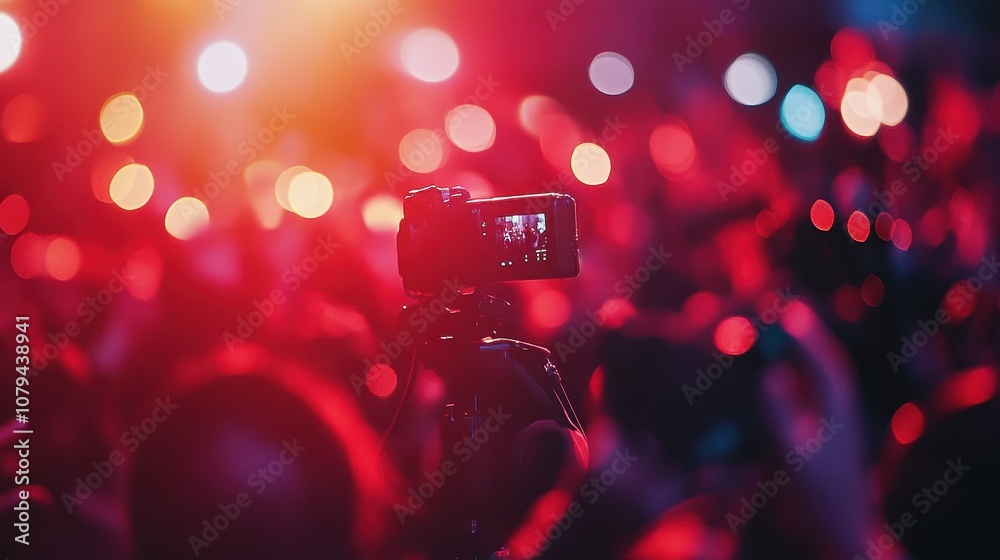 Camera captures red lights, blurred crowd. Represents the energy and excitement of a live event. Camera captures red lights, blurred crowd. Represents the energy and excitement of a live event.