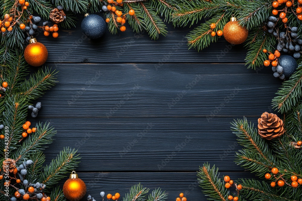 Festive Christmas wreath adorned with pine cones, red berries and ornaments on a rustic dark wood background. Festive Christmas wreath adorned with pine cones, red berries and ornaments on a rustic dark wood background.