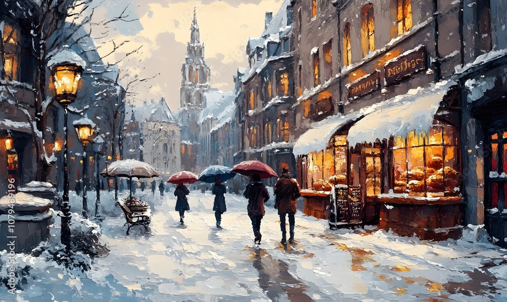 Winter oil painting of a bakery on a street corner in an old European city with people walking under umbrellas