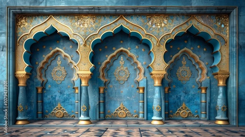 An ornate blue and gold archway with intricate patterns and golden columns, reminiscent of Islamic architecture. photo