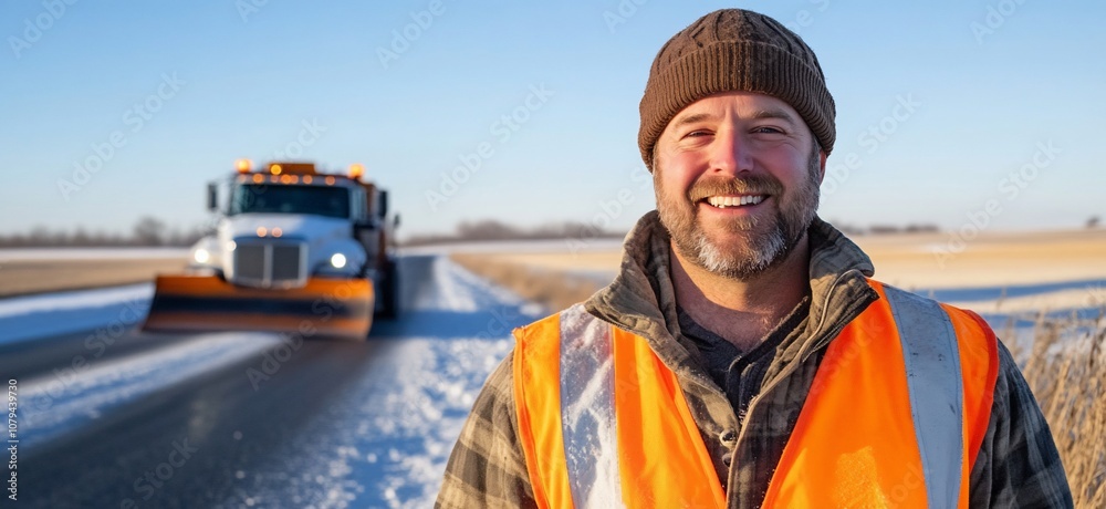 A smiling worker in winter gear stands by a snow-plowed road. A smiling worker in winter gear stands by a snow-plowed road.