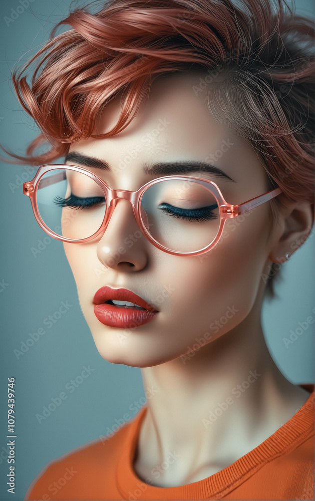 Fototapeta premium Young Woman with Short Pink Hair, Round Glasses, and Orange Shirt Against Solid Light Gray Background