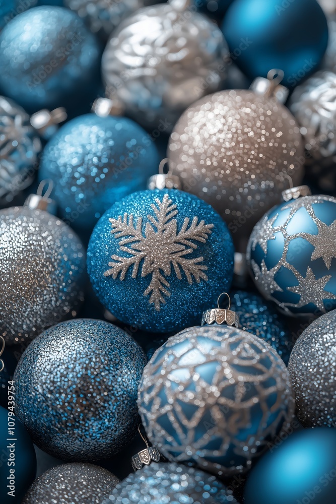 A collection of blue and silver Christmas ornaments resting together A collection of blue and silver Christmas ornaments resting together