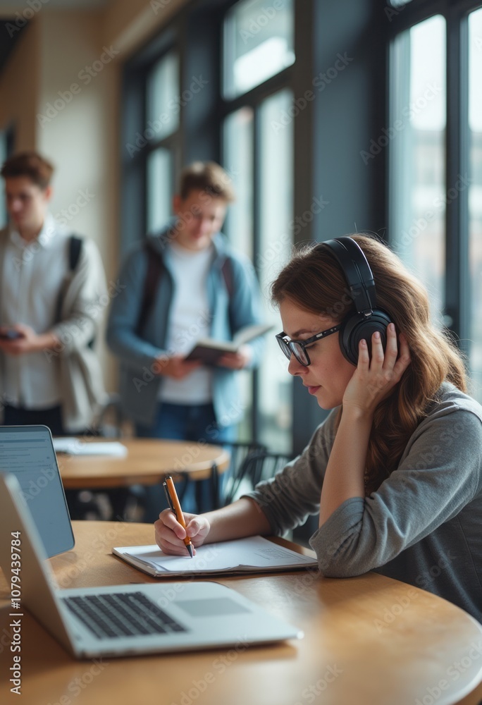 A young woman wearing headphones is intently writing in a notebook while seated at a table with a laptop in a stylish cafe. In the background, two male students are engaged with their phones, creating A young woman wearing headphones is intently writing in a notebook while seated at a table with a laptop in a stylish cafe. In the background, two male students are engaged with their phones, creating