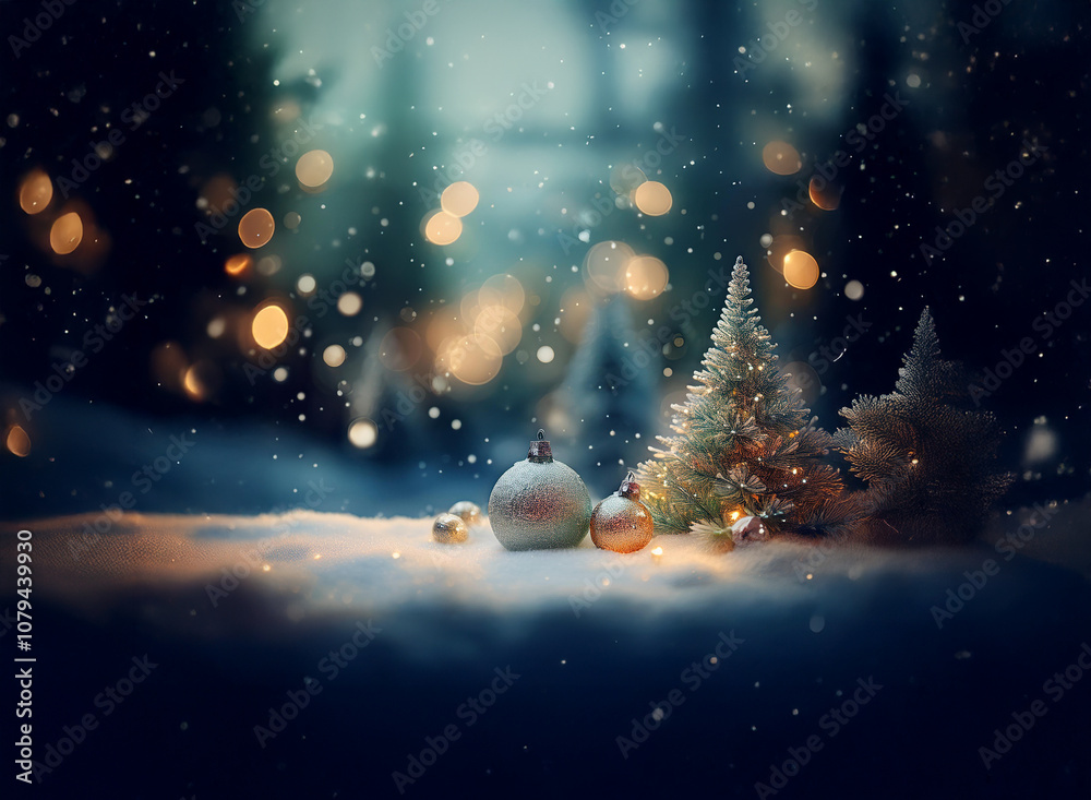 Fototapeta premium A snowy scene with small Christmas trees, ornaments, and warm bokeh lights in the background.
