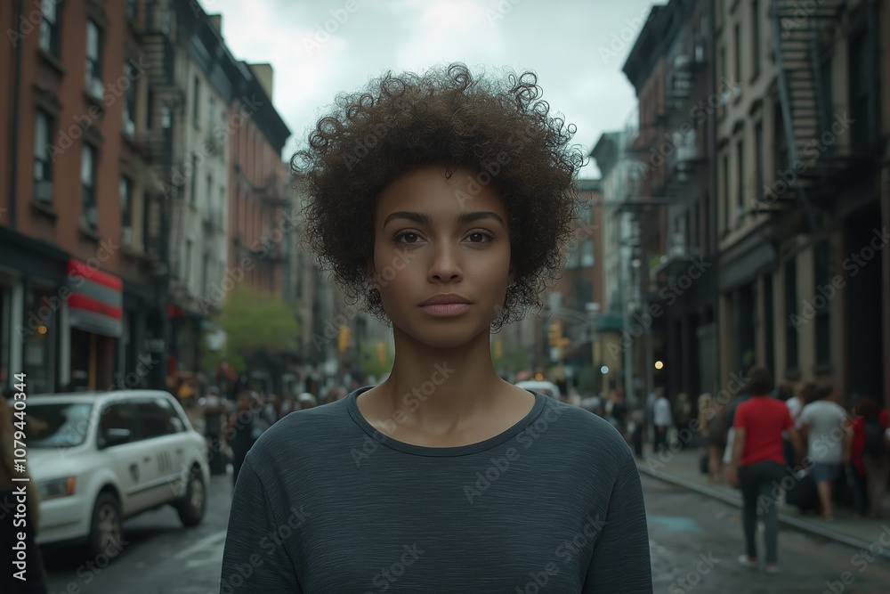 A woman stands confidently in a bustling New York street on a cloudy day A woman stands confidently in a bustling New York street on a cloudy day