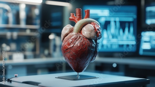 Close-up of an anatomical heart model positioned on a stand, showcasing internal chambers, valves, and veins in high detail, highlighting its realistic structure in a professional medical environment