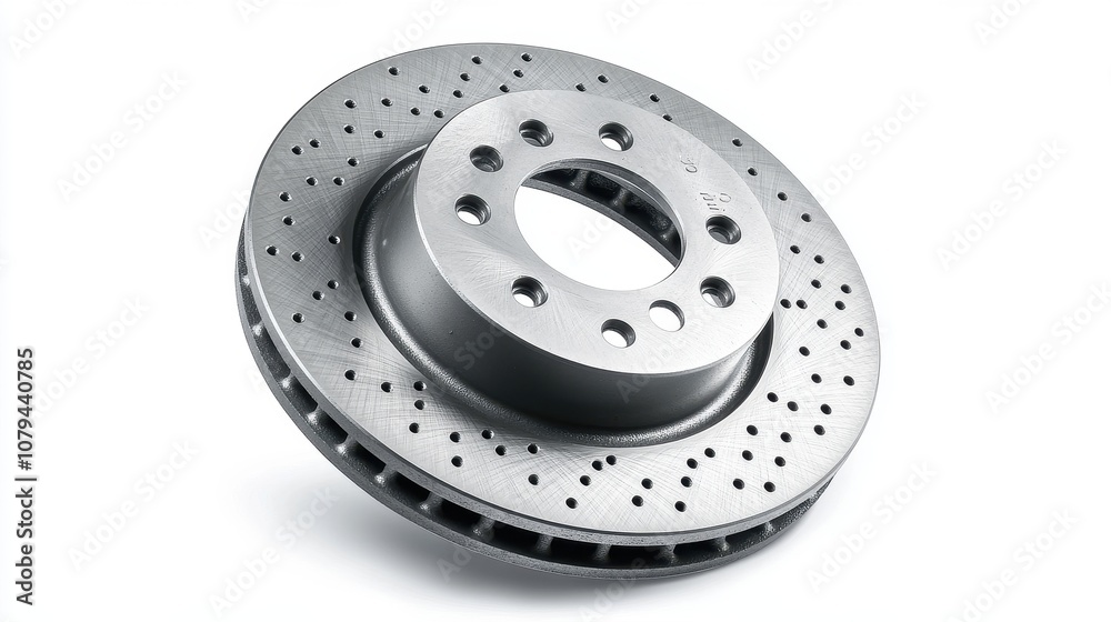A close up of a brake disc. This image can be used to illustrate automotive repair, maintenance, or safety.