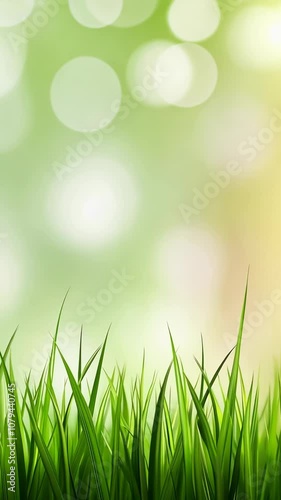 A close-up of blades of grass against a blurred background of green and white