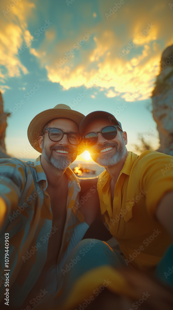 selfie of a gay couple men senior in summer outfits enjoying their vacation at the beach with sustainable tourism, outdoor LGBT pride, and gender equality