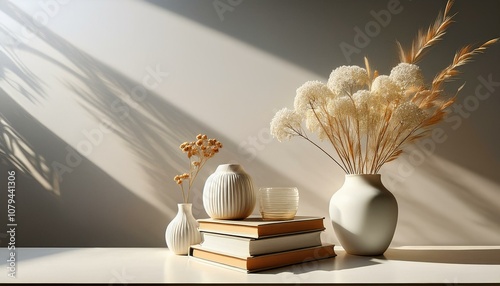 a serene minimalist arrangement featuring white vases dried flowers and books eloquently capturing the gentle play of light and shadow in a peaceful space photo