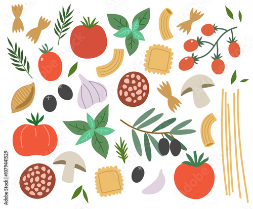 Italian food vector elements for design. Pasta, tomatoes, spices and. mushrooms, hand-drawn illustrations, isolated on white background.