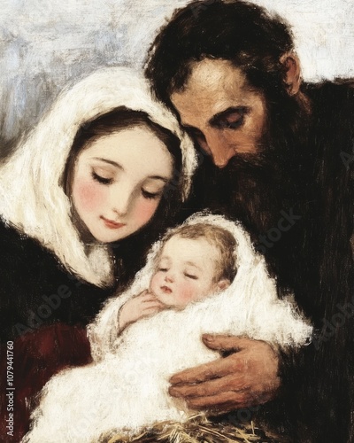 A close-up illustration of the Nativity scene in a rustic stable with warm golden light, surrounded by animals, shepherds, and wise men, depicting the peaceful atmosphere of the birth of Jesus.