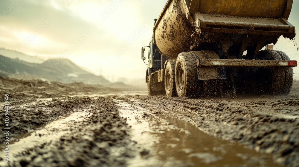 Obraz premium A large dump truck drives through muddy terrain, leaving deep tire tracks in its wake. The truck is partially obscured by the mud, and the setting sun casts a warm glow over the scene.
