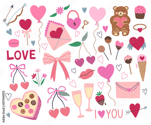Valentine doodle elements, hearts, candies, bows, coquette cherries and baloons, isolated on white background. Hand-drawn vector illustration.